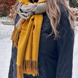 Trklde dobbelsidet i akryl - Mustard/Gr 